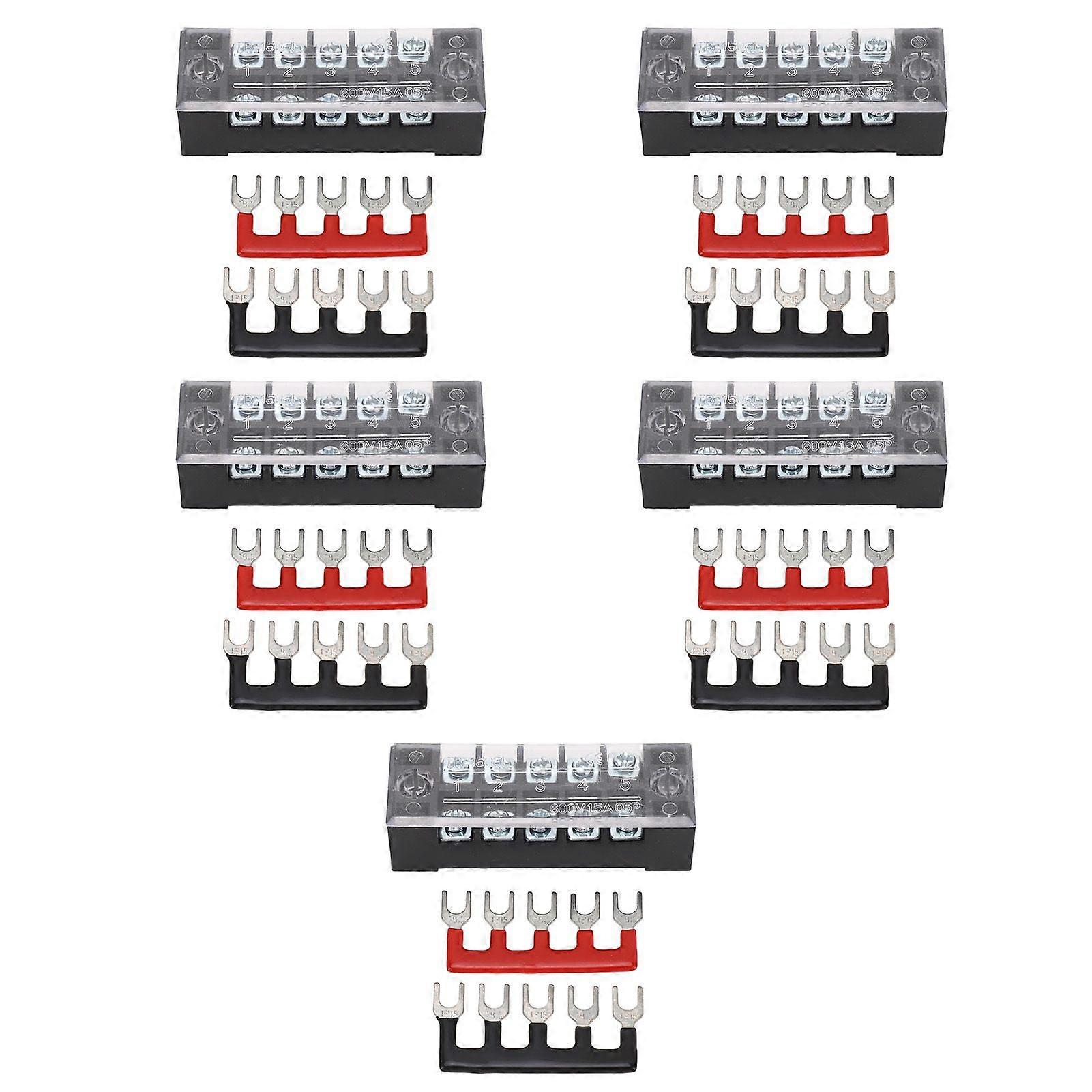 5 Sets Power Distribution Block M3 Screw Terminal 5 Terminals Bus Bar 600V 15A for Automobile Boat