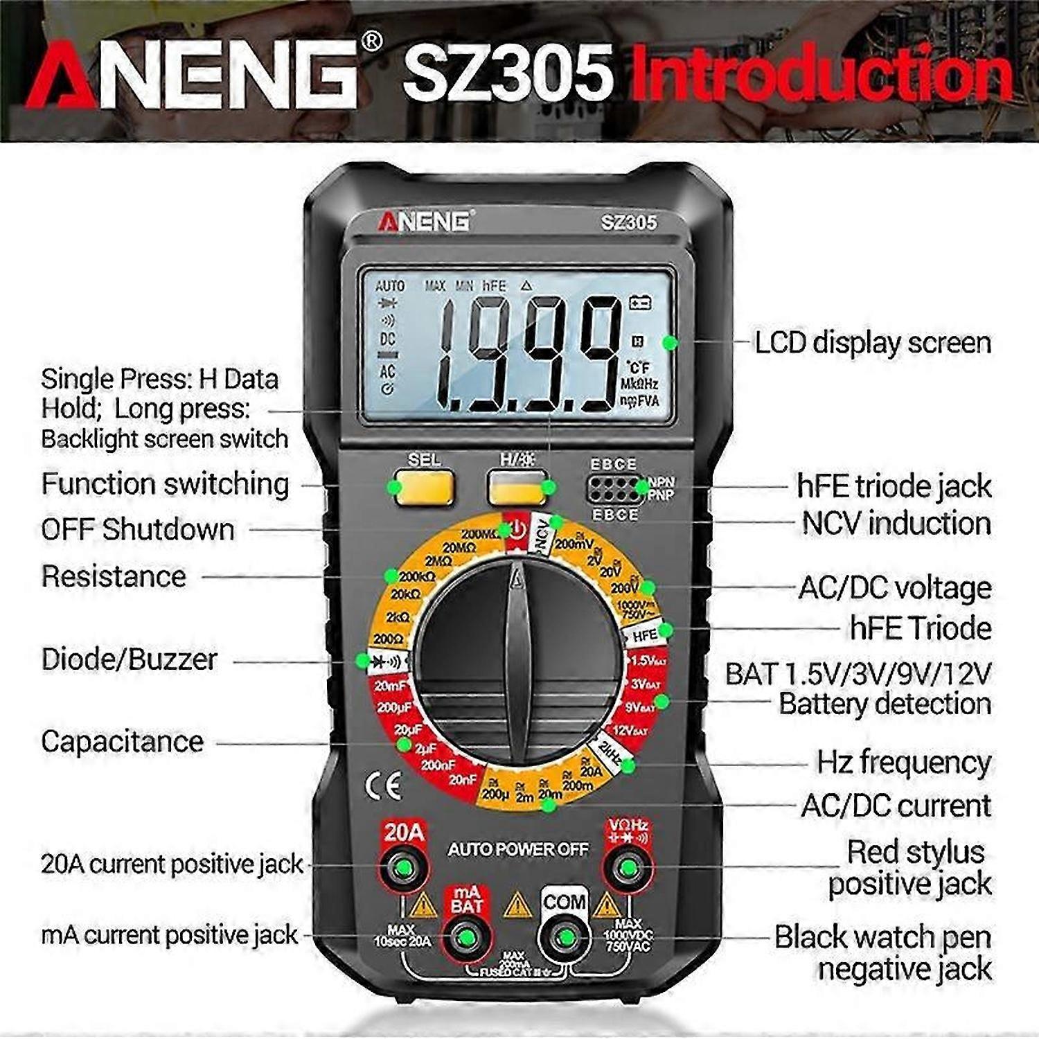 SZ305 1999 Counts Multimeter Capacitor Testers Smart Voltmeter Voltage Current Resistance Ohm Test