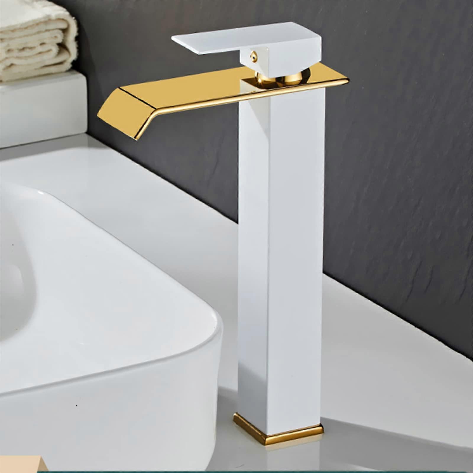 Basin Mixer Waterfall Stainless Steel Lavatory Faucet With Waterfall Spout, White Gold Finish, Single Handle, 1Hole