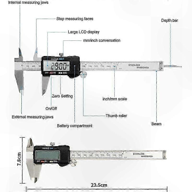 Präziser digitaler Messschieber mit LCD-Display, 4 Modi, automatische Abschaltung, robuste Edelstahlkonstruktion