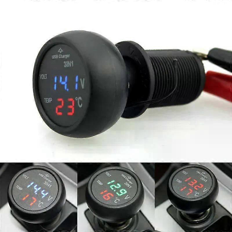 Universal 3-in-1 Car Voltmeter with USB Charger LED Digital Voltmeter Gauge Thermometer 12V/24V Cigarette Lighter Socket