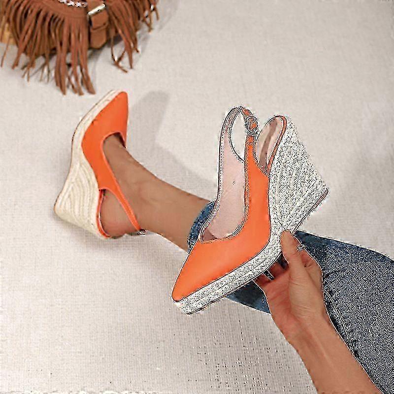 Hot Wedge Heel Thick-Soled High-Heeled Pointed-Toe Flip-Top Women's Shoes With An Empty Buckle At The Back And A Straw-Woven Hemp Rope Sole