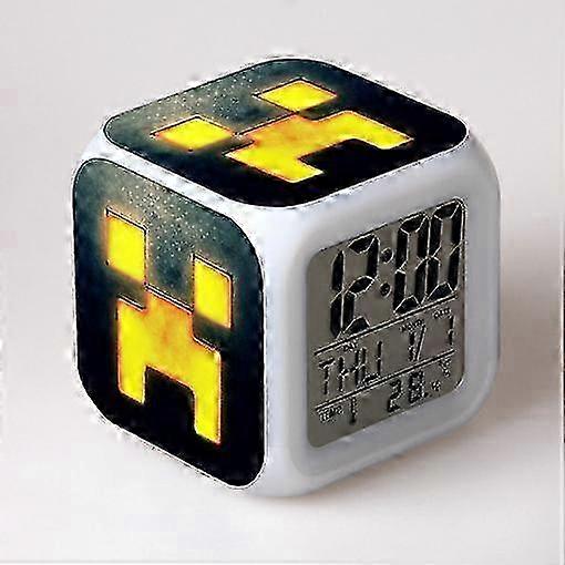 Multifunctional Digital Alarm Clock Minecraft Color-Changing LED Alarm Clock-2-Cute with Bright LED Lights and Minecraft Sticker, Good Gift for Y