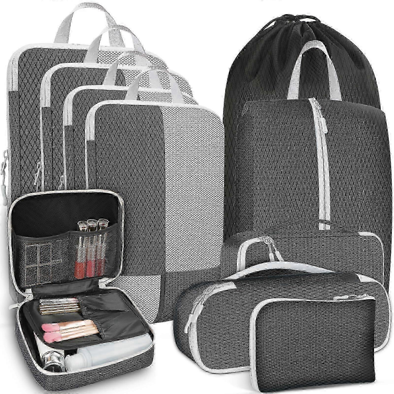 Packing Cubes Set with Compression, Suitcase Organiser with Cosmetic Bag, Black