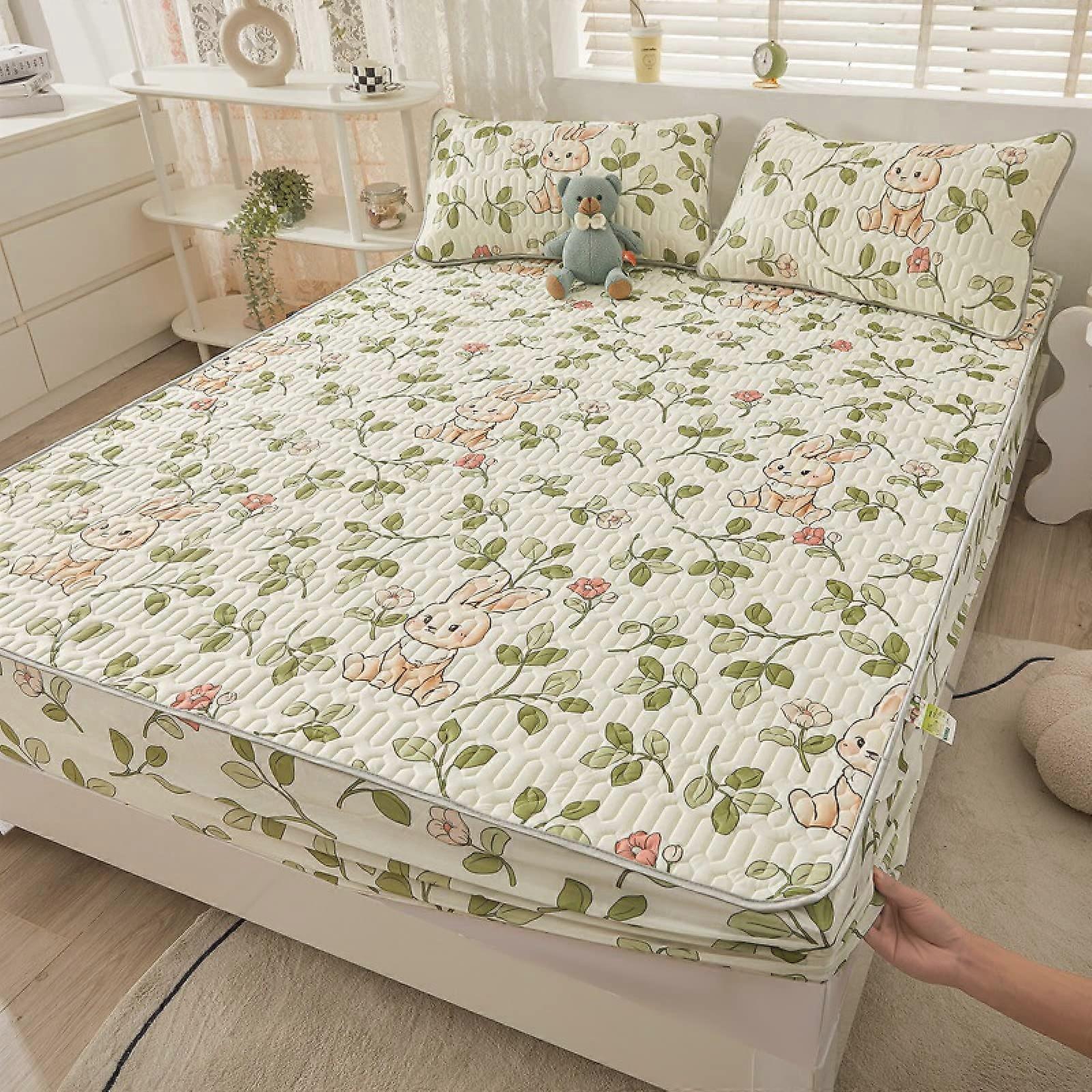 Deep Fitted Sheets 200x220cm 3Piece Set AntiSlip Deep Pocket Mattress Protector Pillowcase Cartoon Printed Rabbit 1