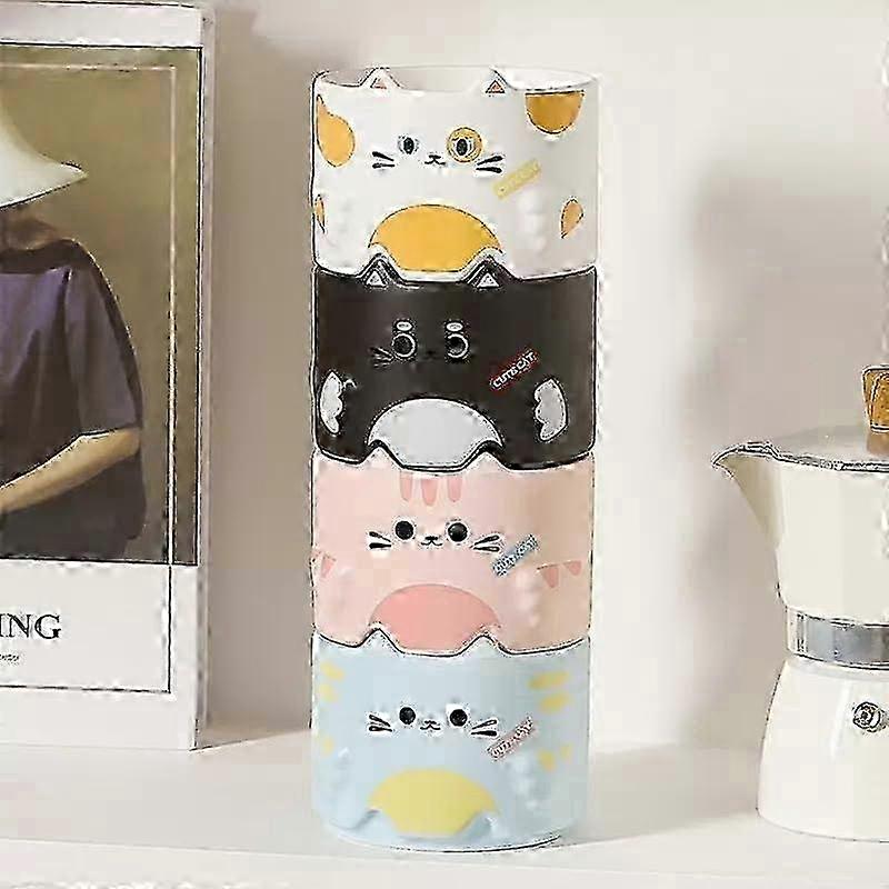 Stackable Cat Mug Set of 4 | 320ml Ceramic Coffee Mugs with Funny Cartoon Designs | Dishwasher and Microwave Safe