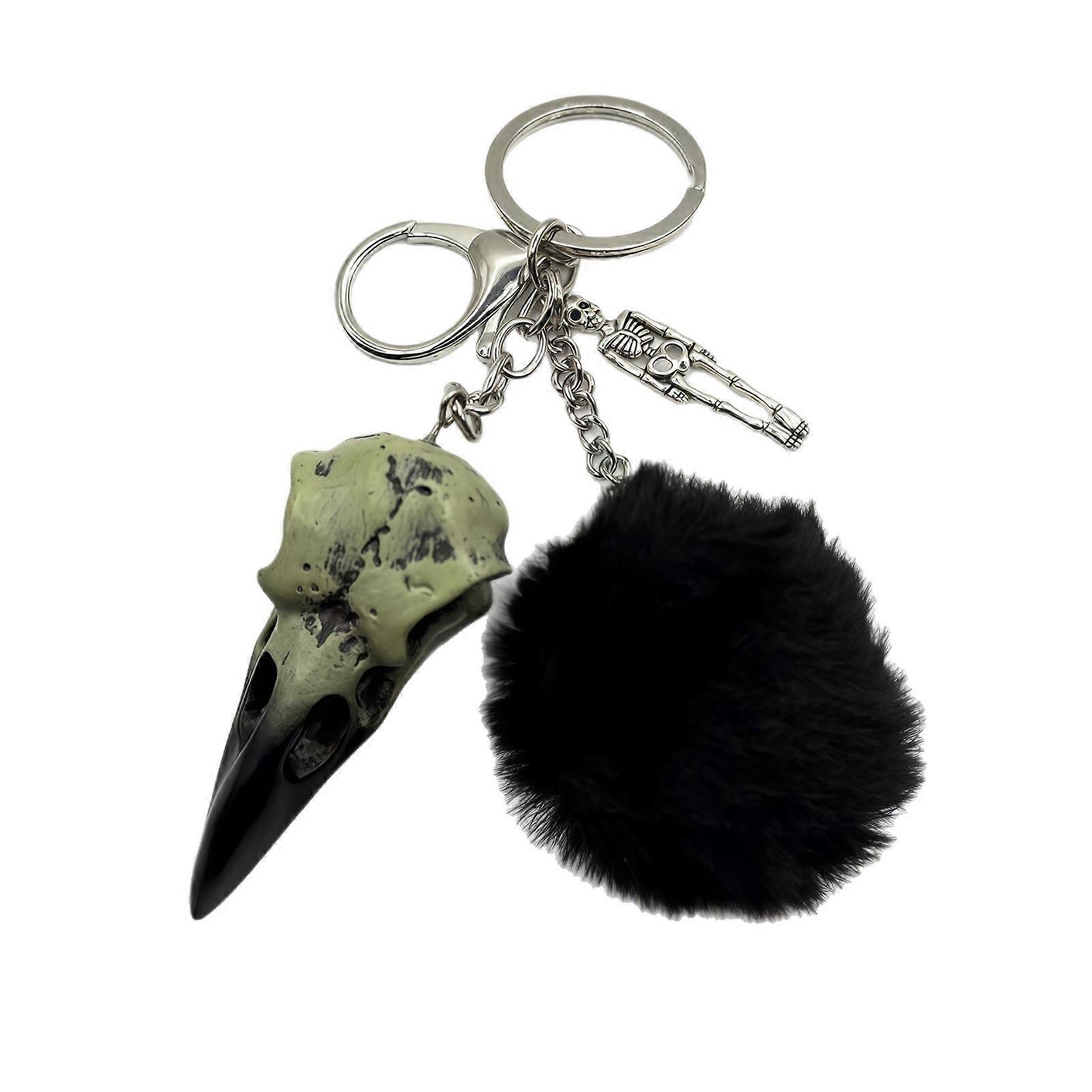 Handcrafted Crow Skull Keyring Featuring Plush Ball Detail Sturdy Resin Design Compact Carabiner For Everyday Use Multicolor