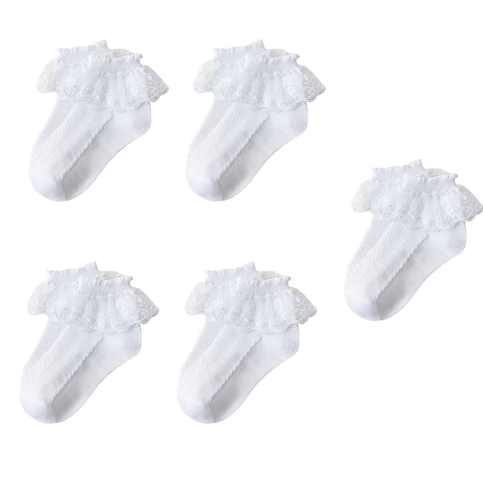 5 زوج من الجوارب المريحة للفتيات والكاحل الجوارب الأنيقة ذات الطبقة المزدوجة من الدانتيل الكشكش للأعمار من 1 إلى 10+ سنوات للأطفال ملابس يومية أبيض XL
