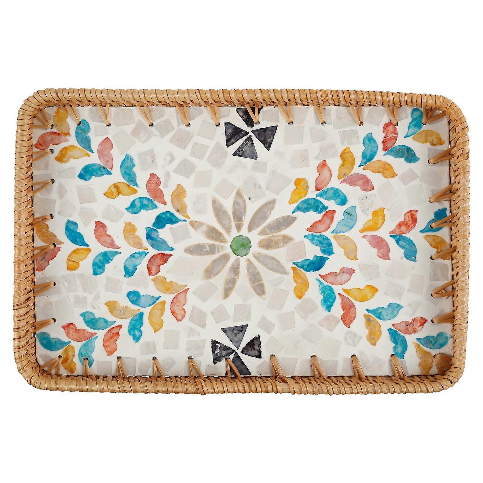 Rattan Tray with Mother of Pearl Inlay, Wicker Basket with Handles, Rectangular Serving Tray for Bread, Fruit, Coffee (Colored Feathers, 12.2"×8.7")
