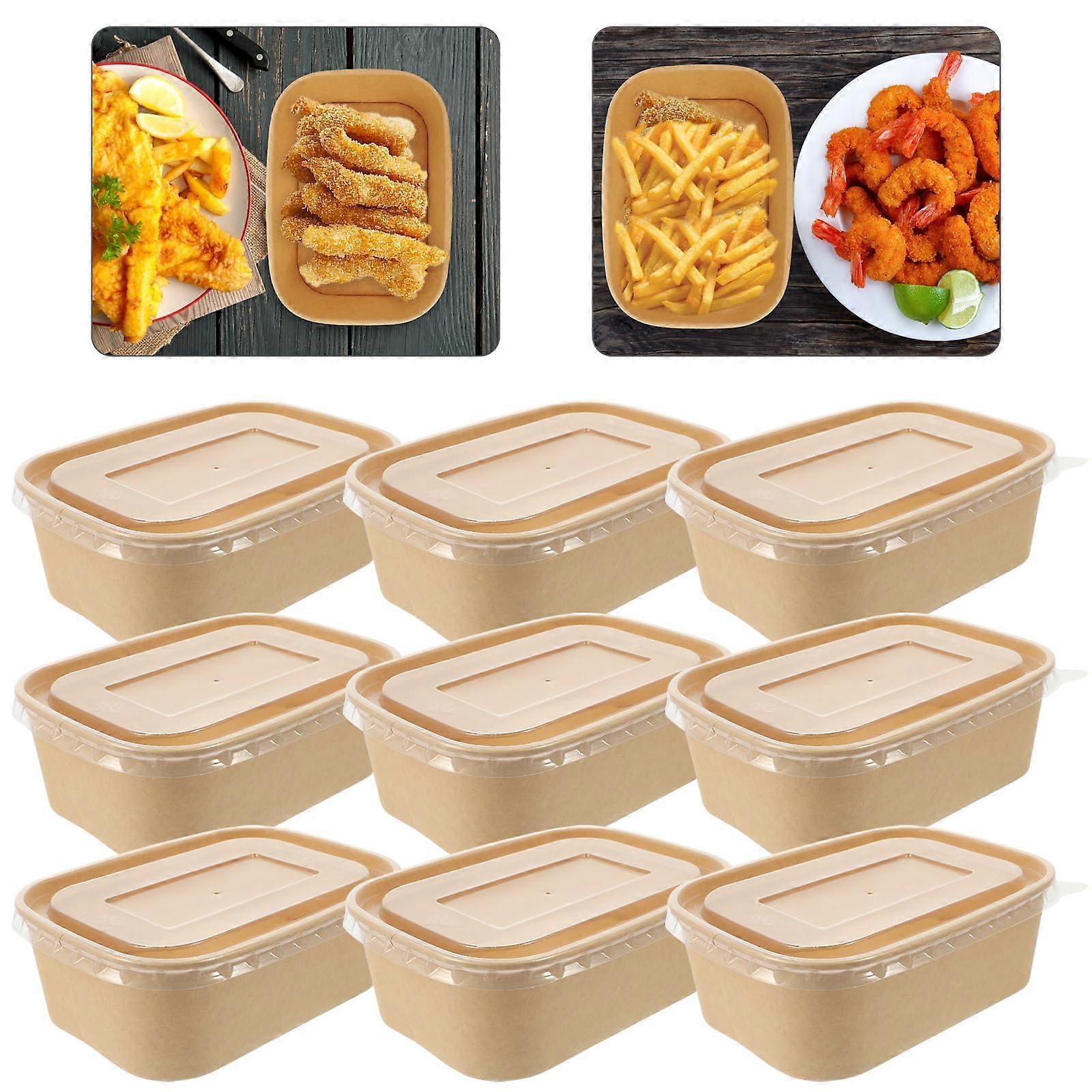 Kraft Paper Food Boxes Rectangular With Lids 500cc  Containers For Snacks Salads Ice Cream Popcorn 10 Sets