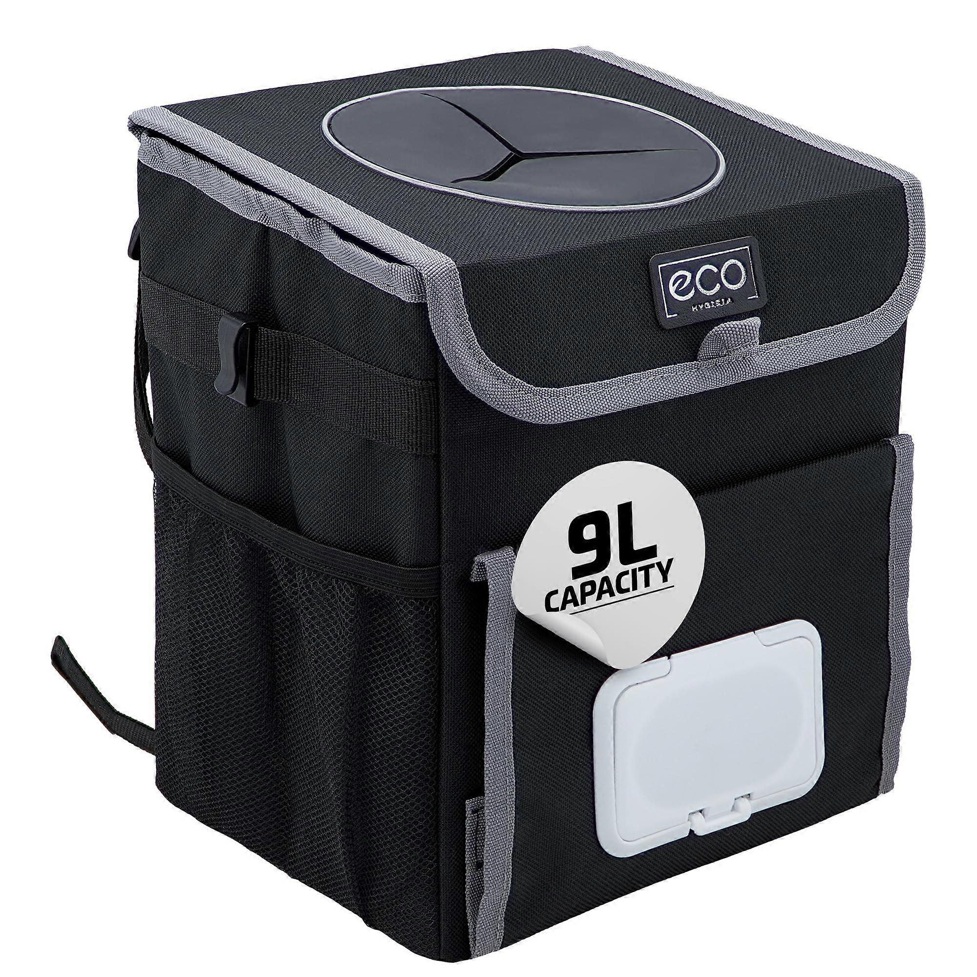 Leakproof Waterproof Car Trash Can with Lid, Hanging Garbage Bin 9L, Storage Pockets and Strap