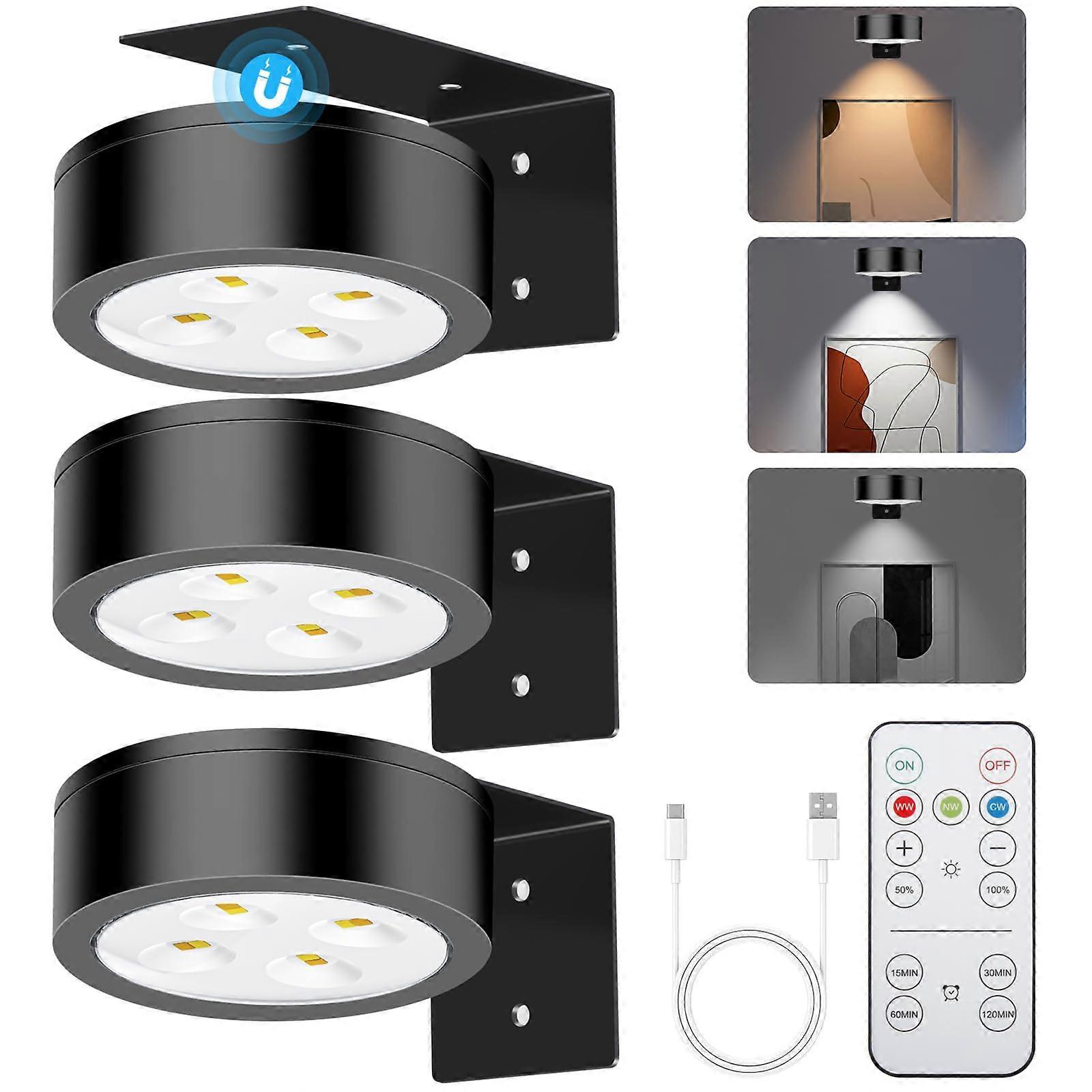 Rechargeable Wall Mounted Picture Light with Remote, 3 Color Modes LED Art Lamp 3 Pack Black