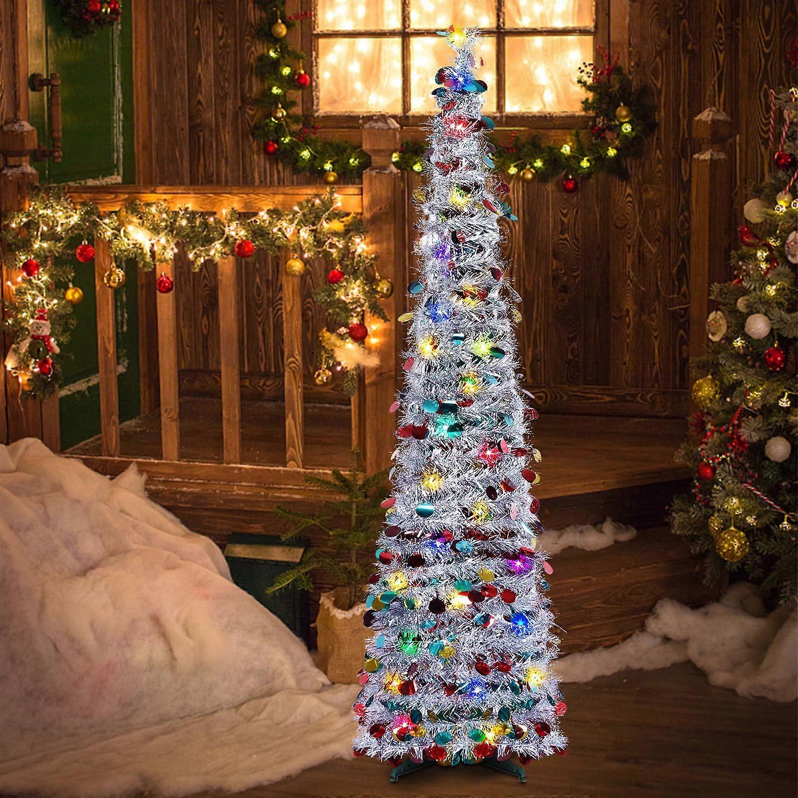 5FT Slim Artificial Christmas Tree with Colorful Tinsel, Collapsible PVC Leaves, Compact for Small Spaces