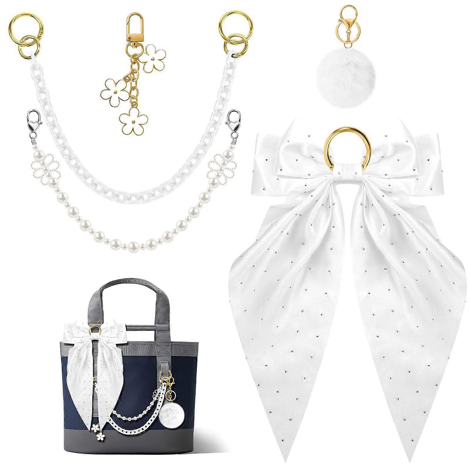 Pack of 5 Soft Touch Plush Ball Keychain Bundle Bowknot Charm Pearls Accents Stylish Bag Enhancement Perfect Everyday Carry Solution Multicolor