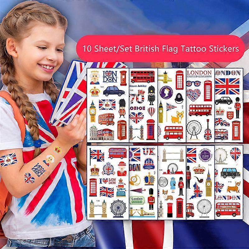 10 Sheets British Flag Temporary Tattoos Queen'S 70Th Anniversary Stickers