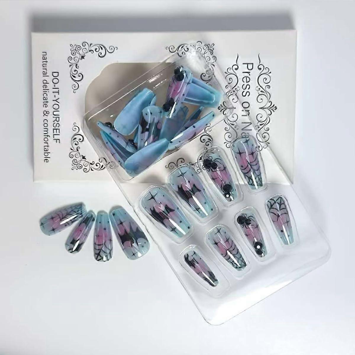 Halloween Press On Nails 30pcs Medium Square 3D Bat and Spider Web False Nails Reusable Acrylic Set