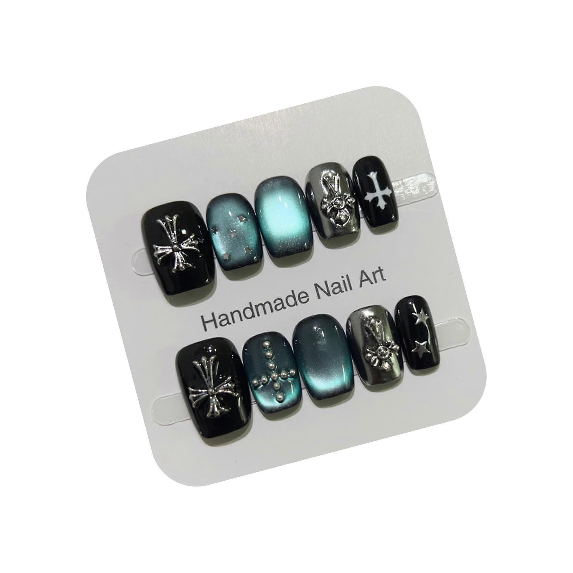 Handmade Gothic Press On Nails Black and Turquoise Gradient with Silver Cross Design