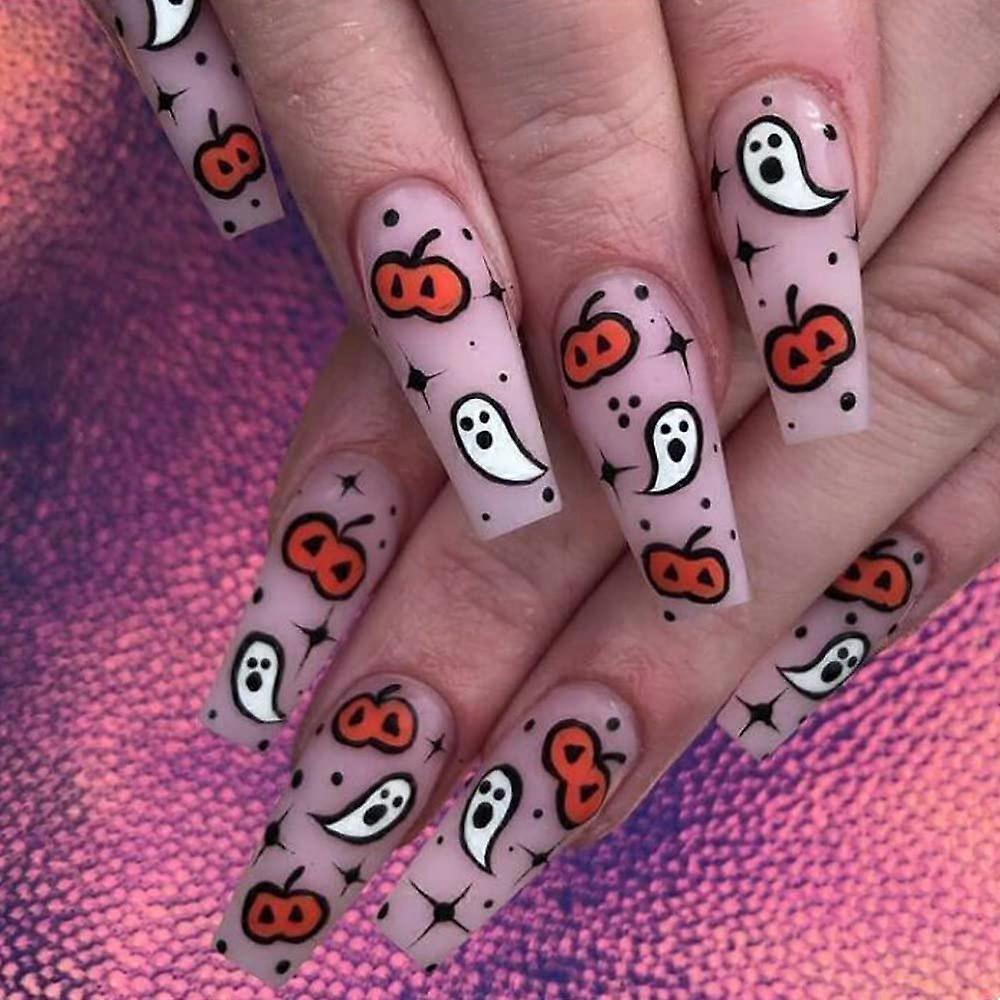 Long Coffin Halloween Press On Nails Matte Ghost Pumpkin Design Reusable False Nail Set