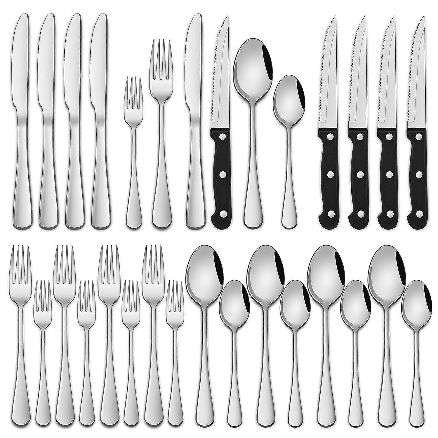 24Piece Silverware Set with Steak Knives, RustResistant Mirror Polished Stainless Steel Flatware for 4