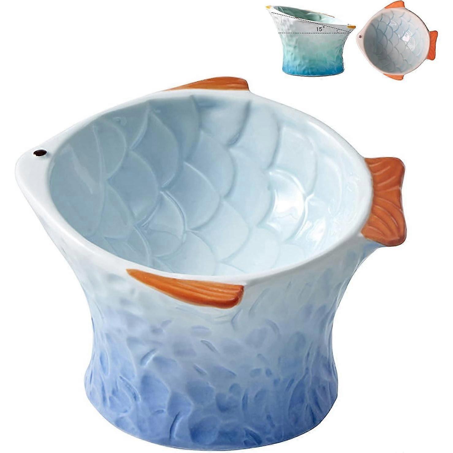 Raised Tilted Ceramic Cat Bowl - Cute Raised Tilted Shallow Angle Cat Dish