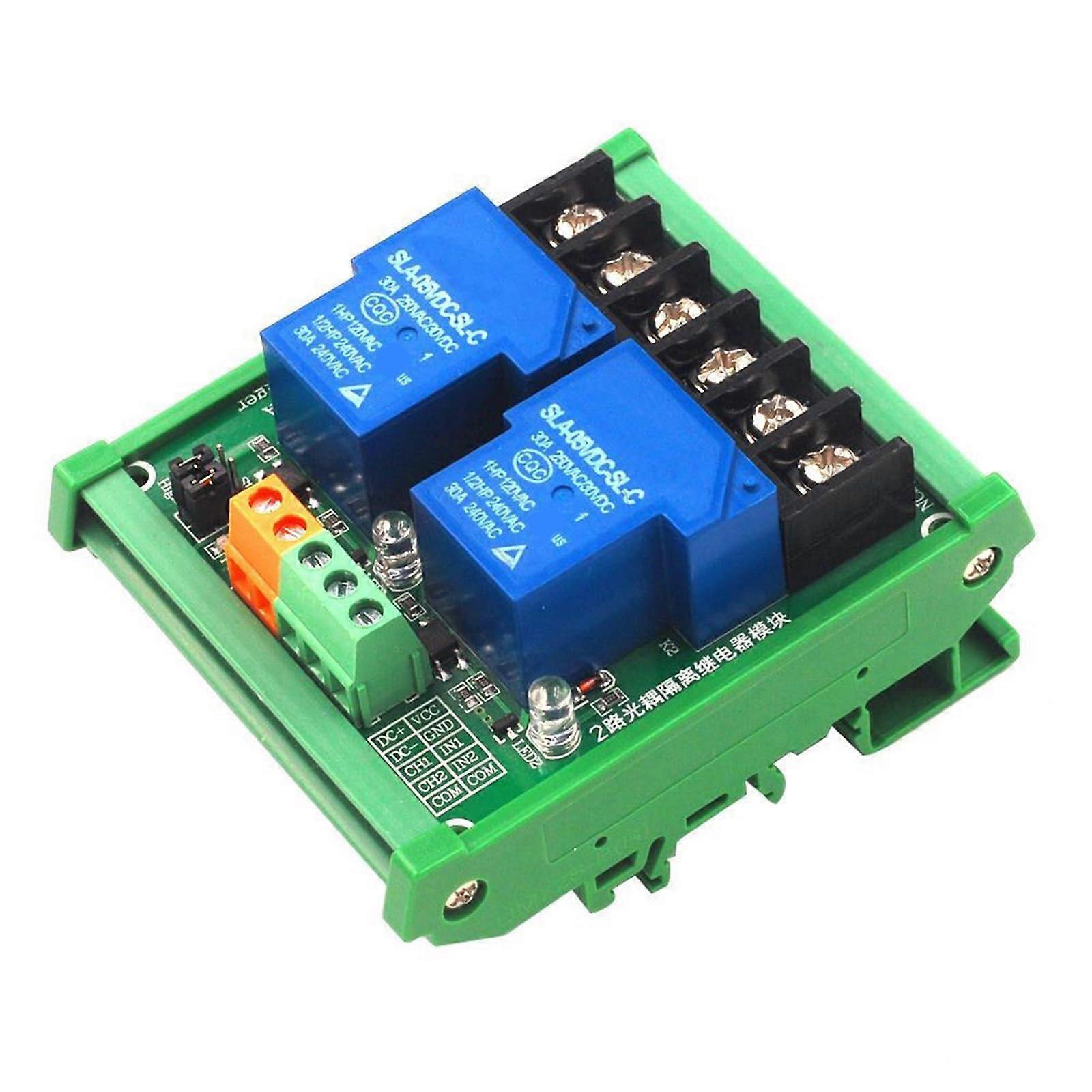2 Channel 30A Relay Module with Optocoupler Isolation and LED Indicators for Industrial Automation