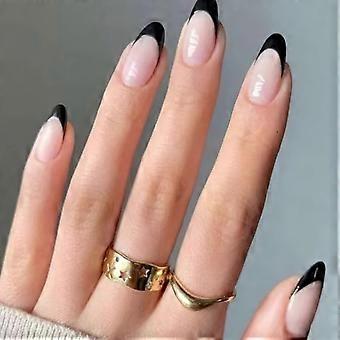 Black French Tip Almond Press On Nails 24Pcs Reusable Short to Long Soft Gel Fit Glossy Design