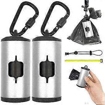 Metal Dog Poop Bags Holder Aluminum Poo Bags Dispenser with 15 Black Unscented Pet Waste Bags and 3 Leash Accessories for Dog Walking (Silver. 2 Holde