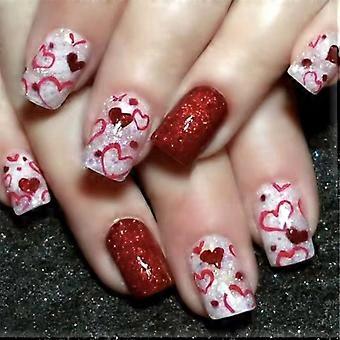 24 Pcs Glittering False Nail Valentines Day Press On Nail Lovely Heart Stick on Nail Short Square Acrylic Nail
