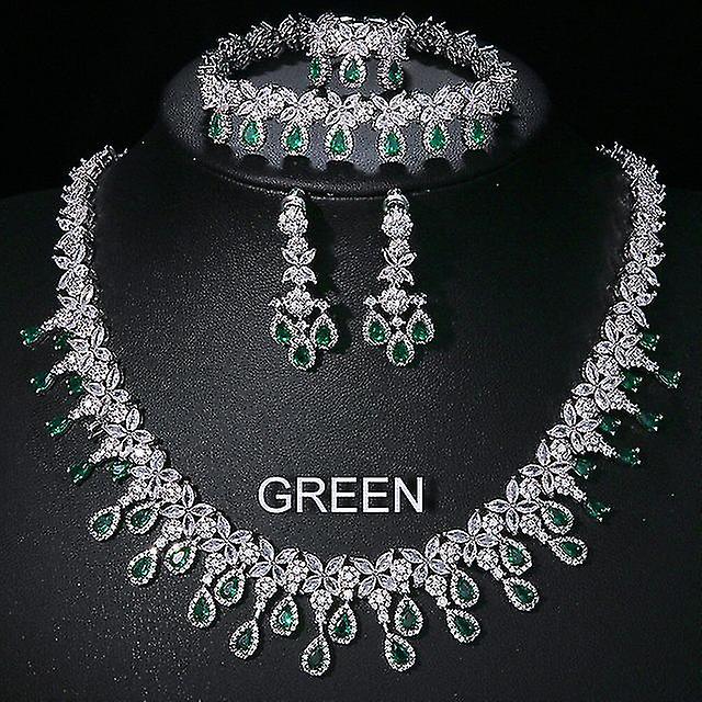 Kore versiyonu Gelin Gelinlik Su Damlası Zümrüt Yeşil Zirkon Hafif Lüks Set Kolye, Küpe, Bilezik, Yüzük 4 adet