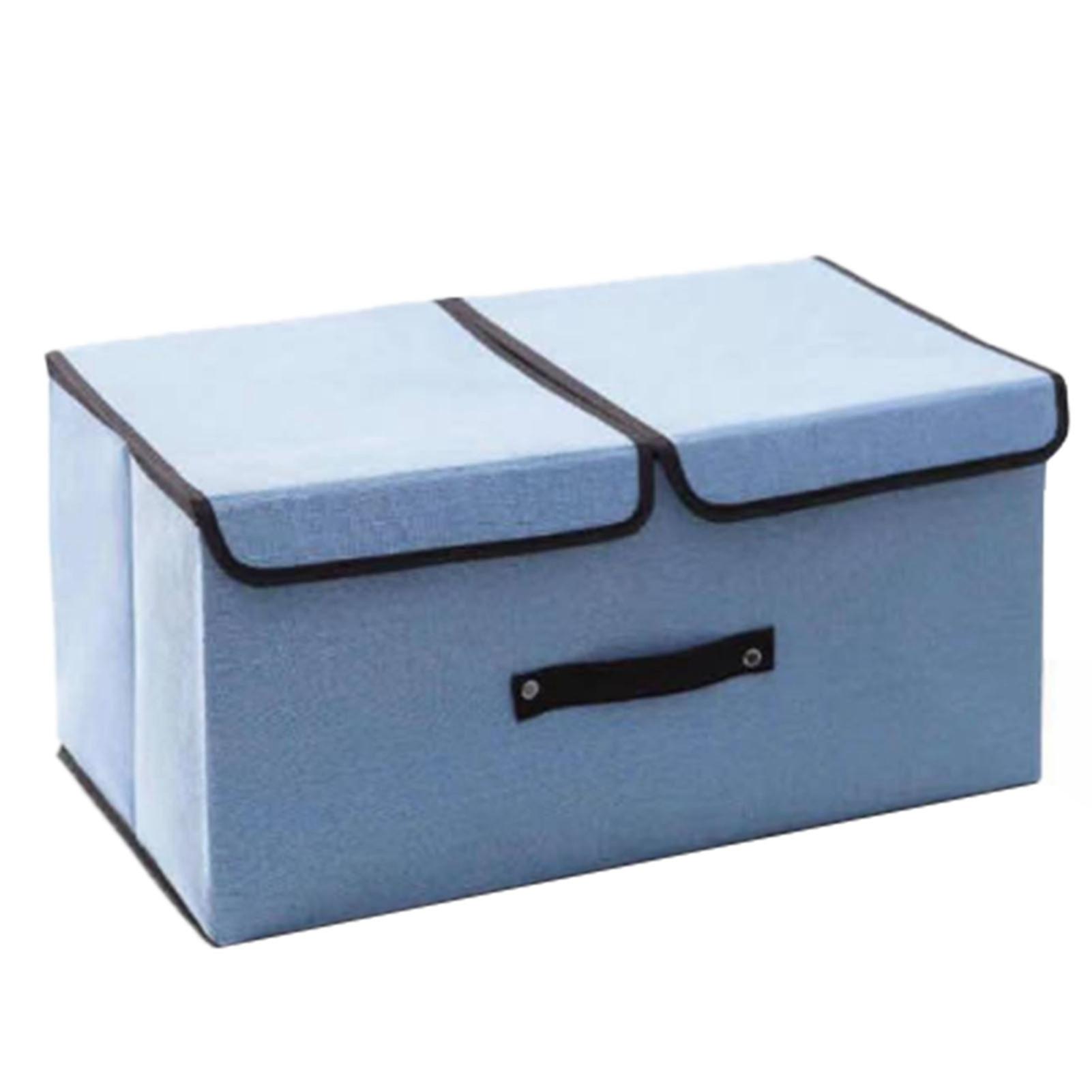 Foldable Cotton Linen Storage Box Double Lid Sundries Organizer for Dorm Room Underwear Medium Blue
