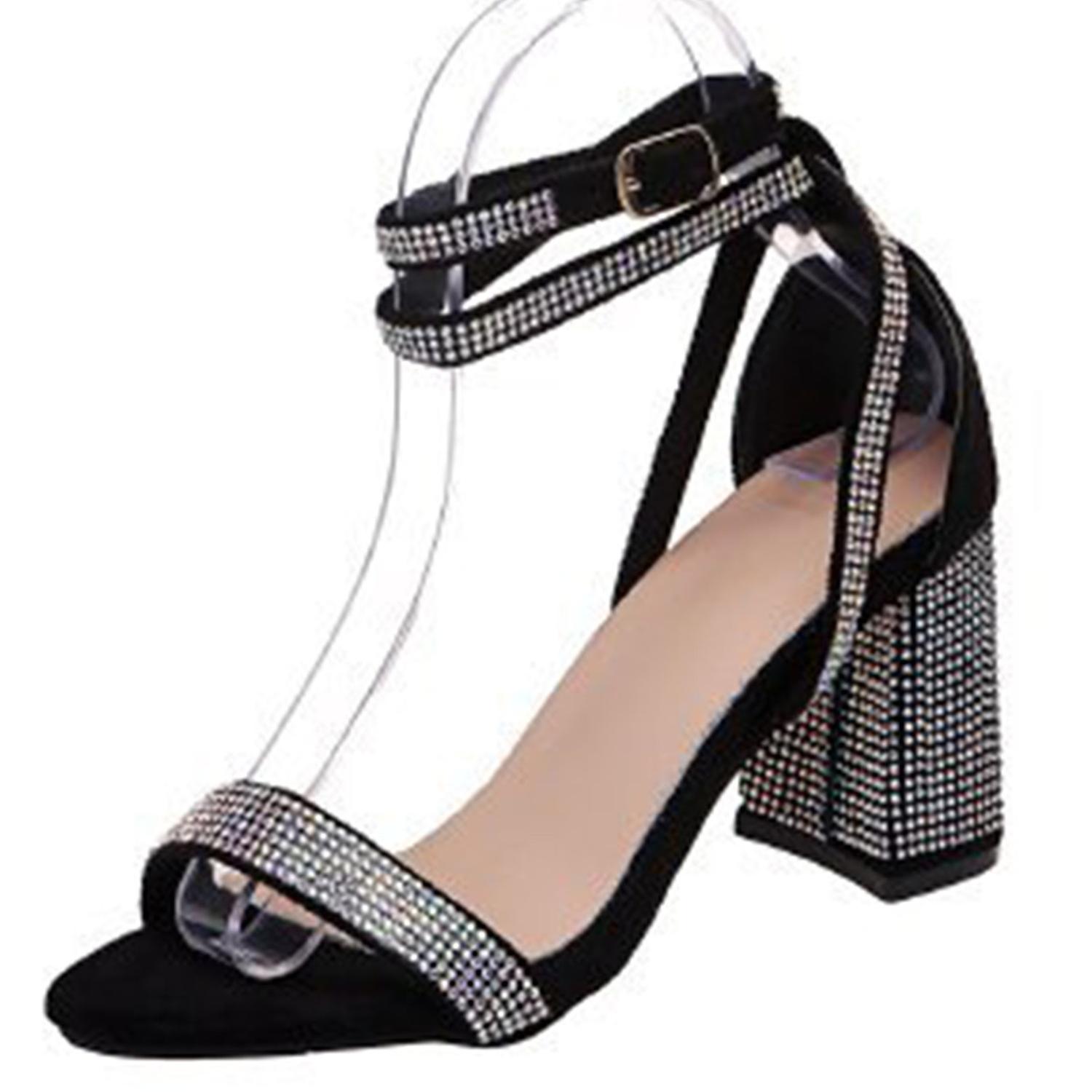 Women's Rhinestones Open Toe Strappy Low Block Heel Sandals Bling Ankle Buckle Comfortable Fashion W