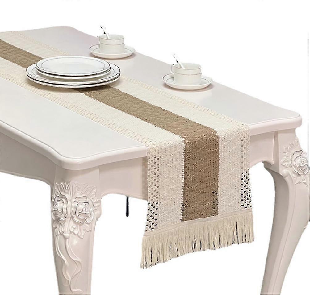 Table Tablecloth Natural Jute Table Runner, Splicing Cotton Boho Table Runner(1 Pcs, Beige)