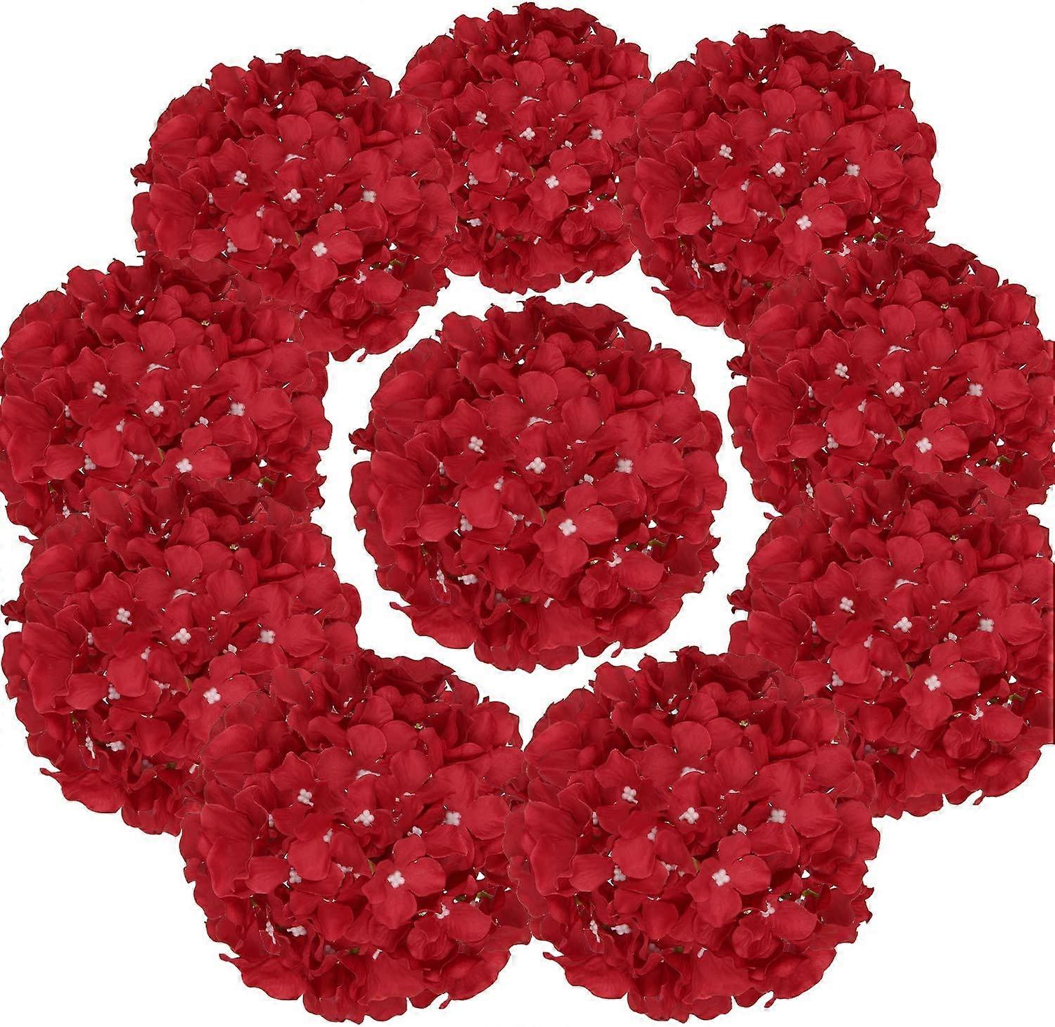Silk Hydrangea Heads Artificial Flowers with Stems 10 Pcs (Red)