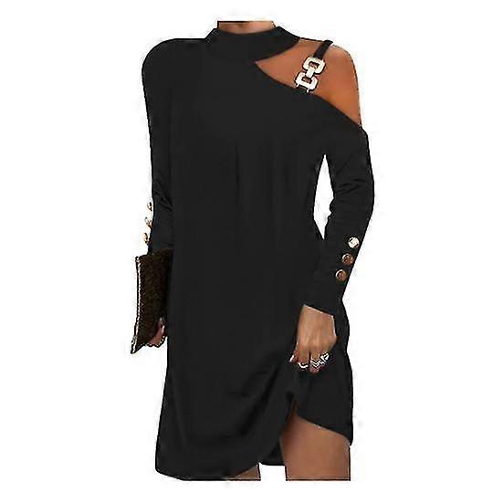 Sukienka damska z łańcuszkiem, jedno ramię, długi rękaw, jednolity kolor, luźny dekolt typu halter, miękka, oddychająca, powyżej kolana, długość mini sukienki