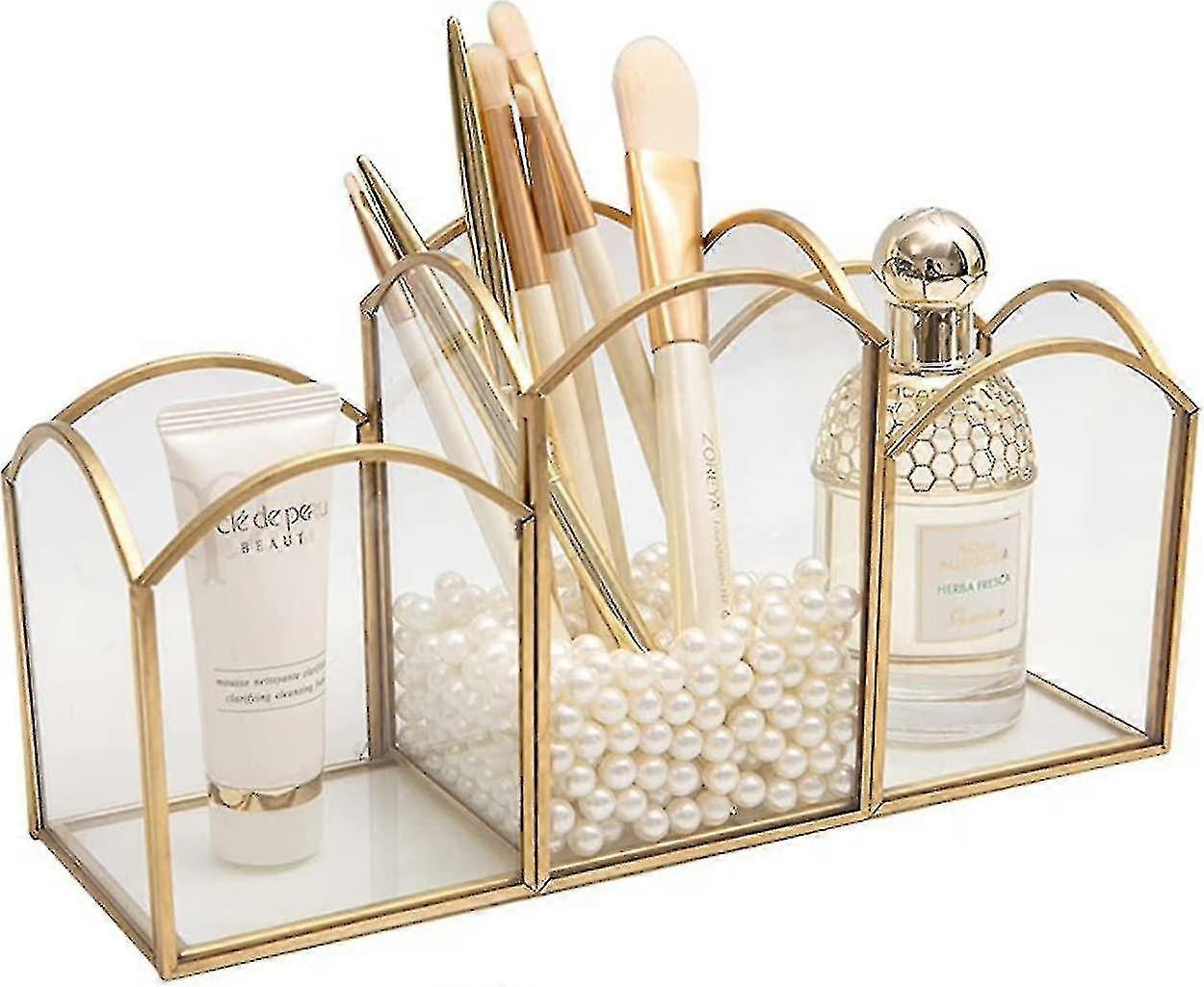 حامل فرشاة مكياج زجاجي ، منظم فرشاة مكياج عتيق ، منظم مستحضرات تجميل ذهبي ، حامل فرشاة مكياج