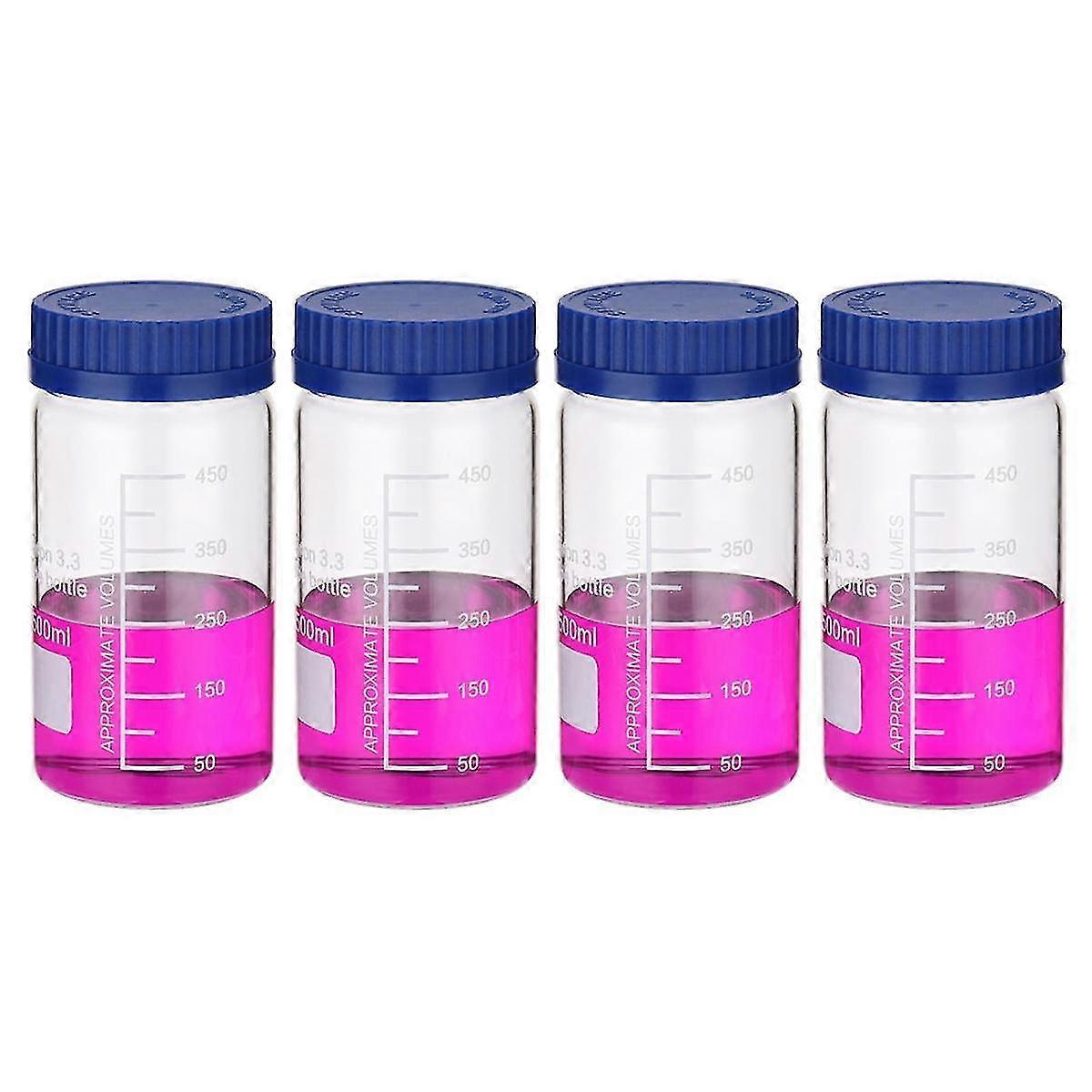 4 Pack Reagent Media Storage Bottles, 500ml Borosilicate Glass Wide Mouth Graduated Round Bottles With Gl32 Screw Cap