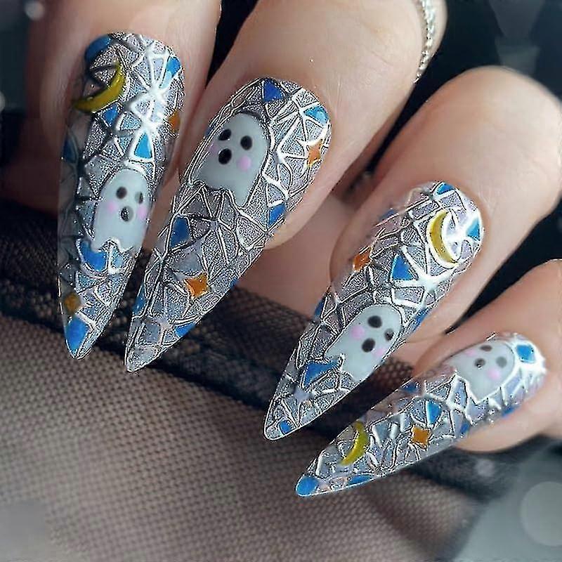 Long Halloween Press On Nails - Ghost Designs - 24pcs