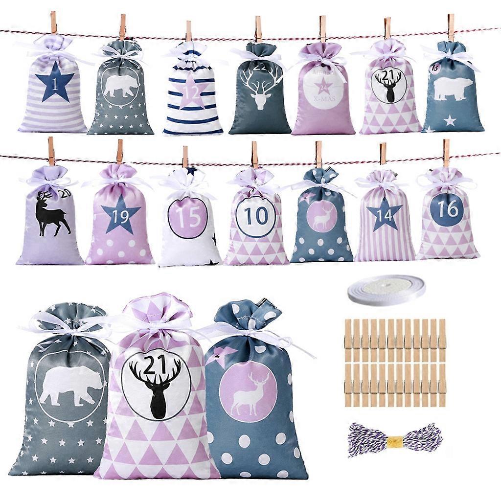 24pcs Christmas Advent Calendar Bags Reusable Wood Clips Rope Drawstring Advent Calendar for Filling Party Favor Supply
