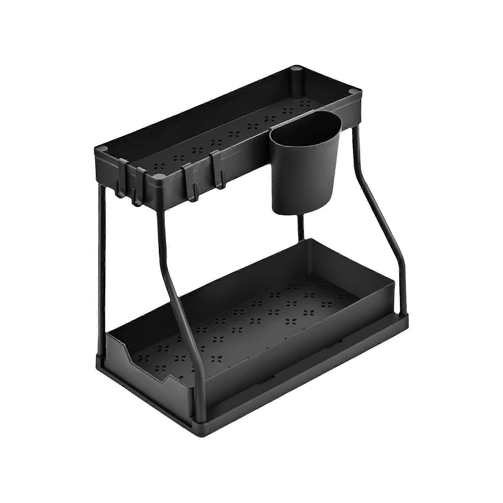 Kitchen under Sink Storage Rack with Hooks Double-layer L-shaped Large Capacity Pull-out Organizer Bathroom under Counter Storage Shelf Jikaix