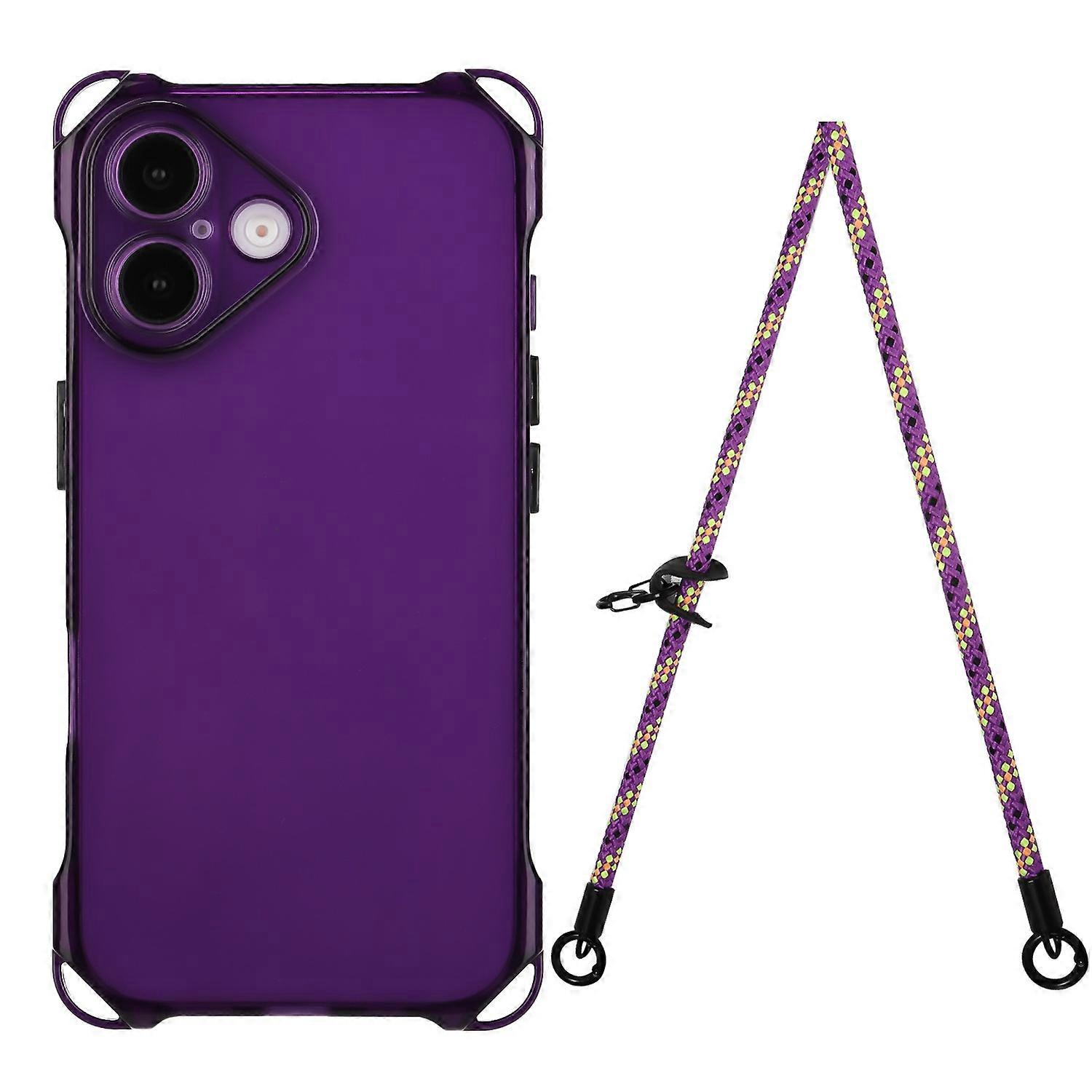 For iPhone 16 TPU Case Four Corner Drop-Proof Back Cover with Long Strap - Purple