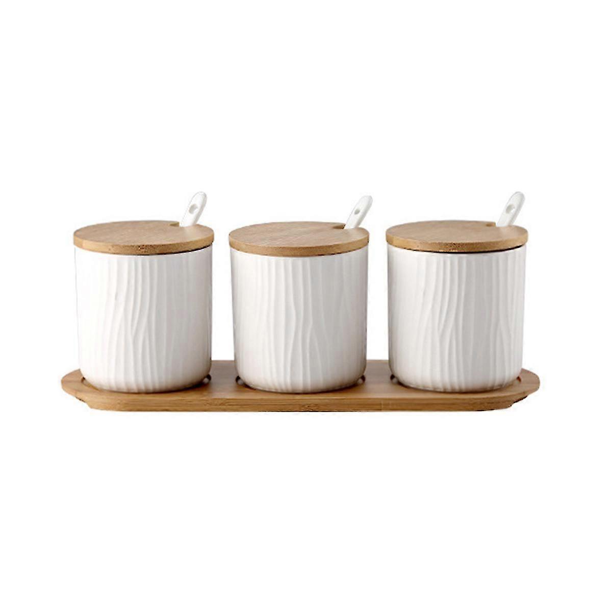 Set of 3 ceramic spice jars with spoon and bamboo lid for tea salt