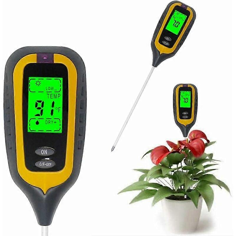 Soil Tester pH Moisture Temperature Luminous 4 in 1 pH Meter Soil Moisture Electronic Earth Tester for Garden Plants Yellow