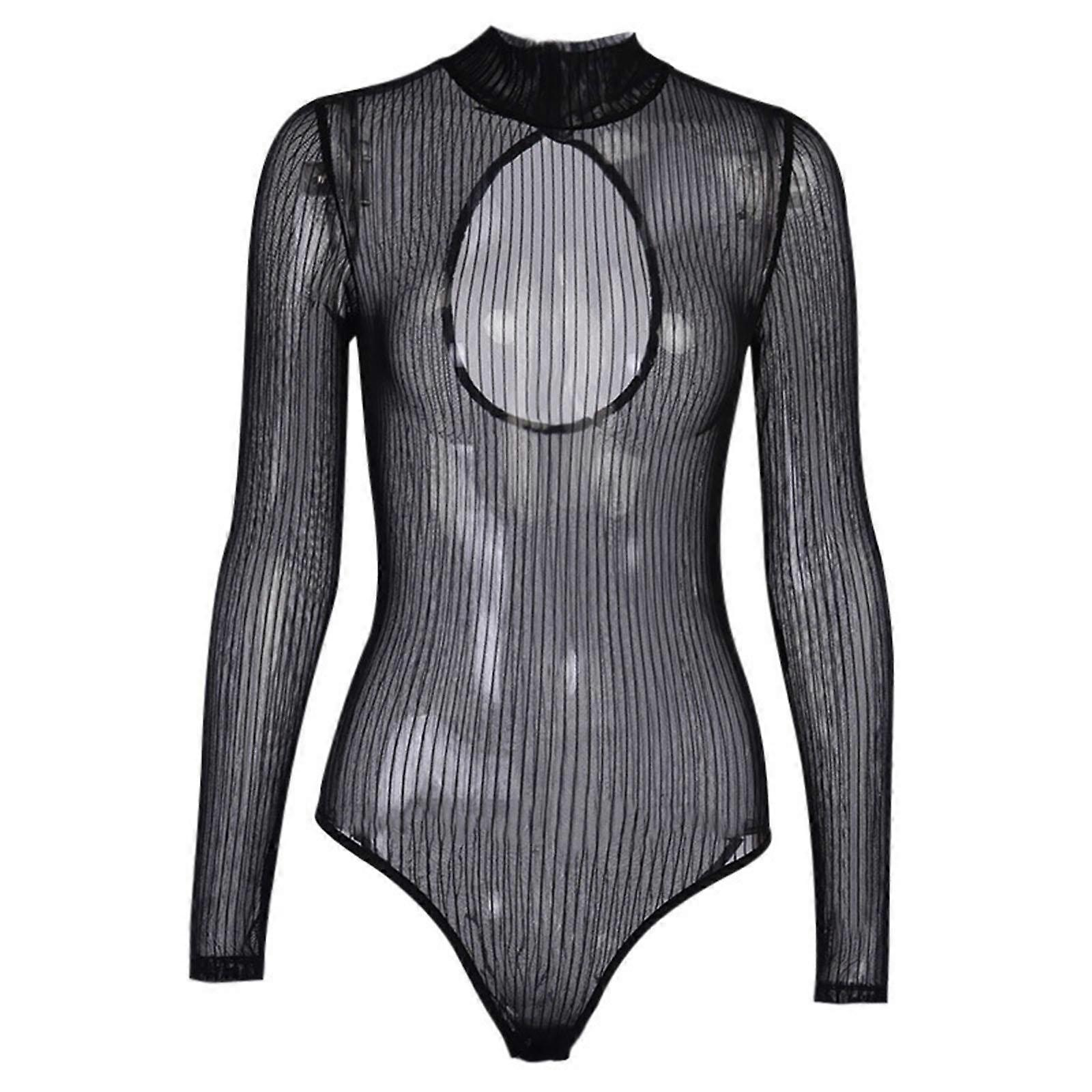 Dame Se gennem mesh T-shirt Bodystocking Gotisk Sort Langærmet Tynd Buksedragt Mode Udhulet Åben ryg Sort S