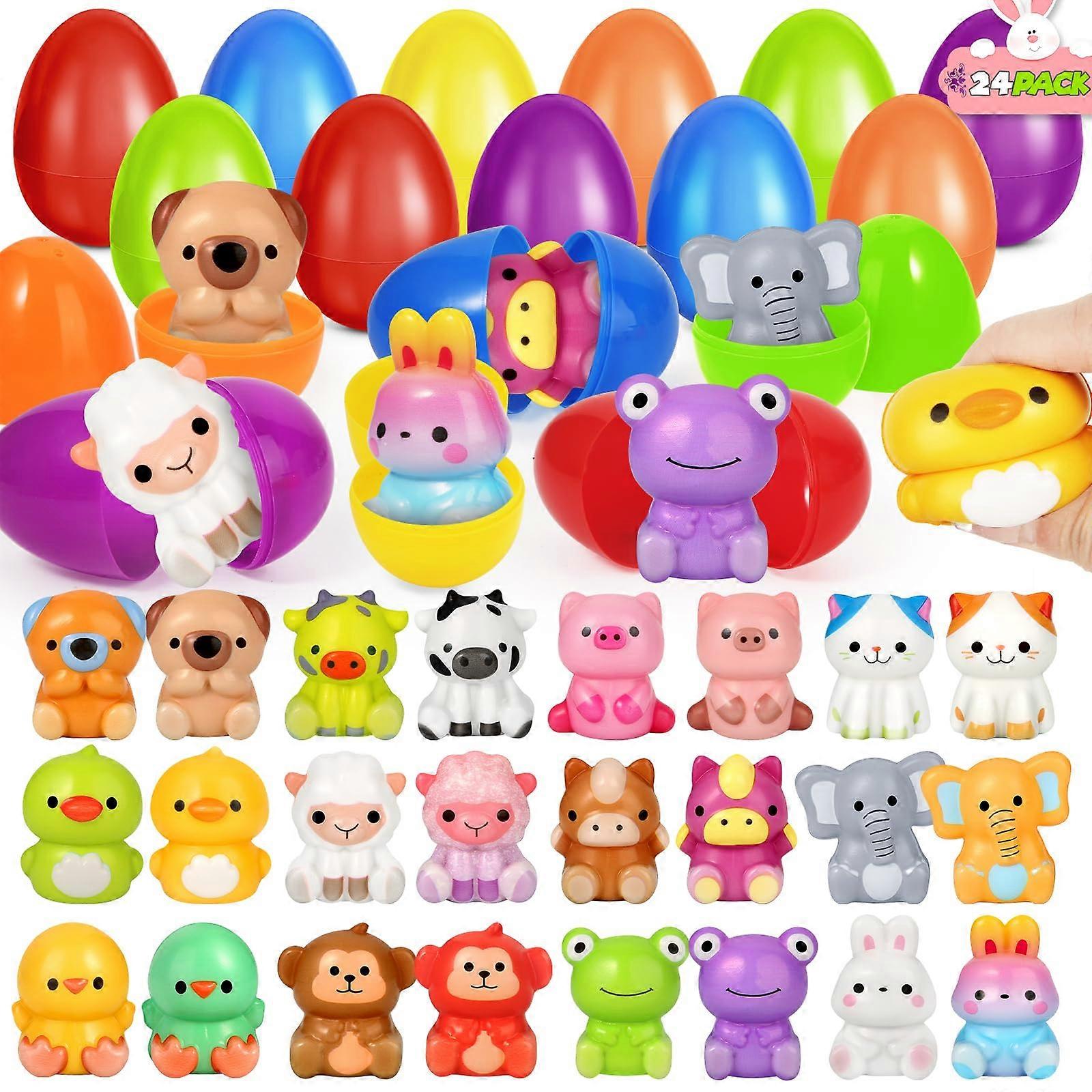 24 Pack Easter Eggs Filled with Animal Squishy Toys for Kids, Colorful Plastic Eggs for Easter Egg Hunt
