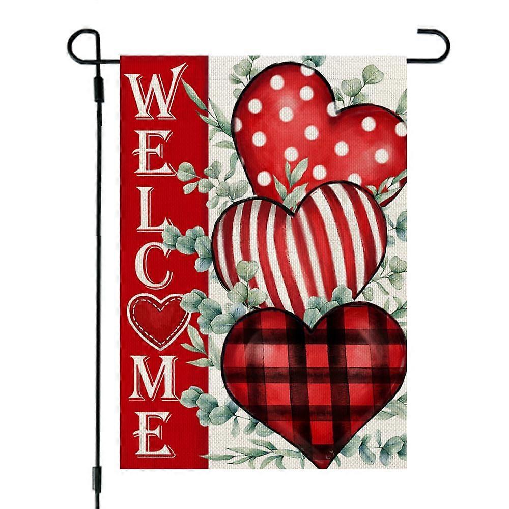 Valentine's Day Garden Flag Outdoor Double-Sided Burlap Welcome Flag 12x18 Inches Red Hearts Eucalyptus