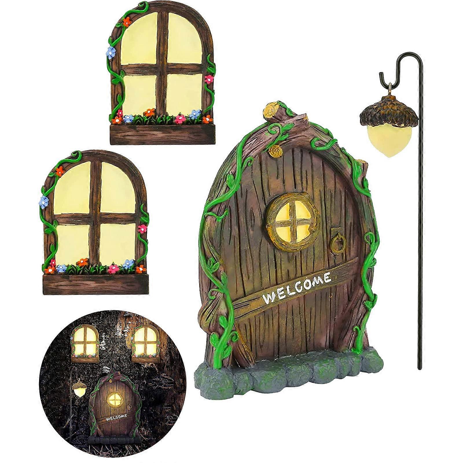 Resin fairy door and window set in dark windows glow, miniature sculpture for trees, open decor accessories