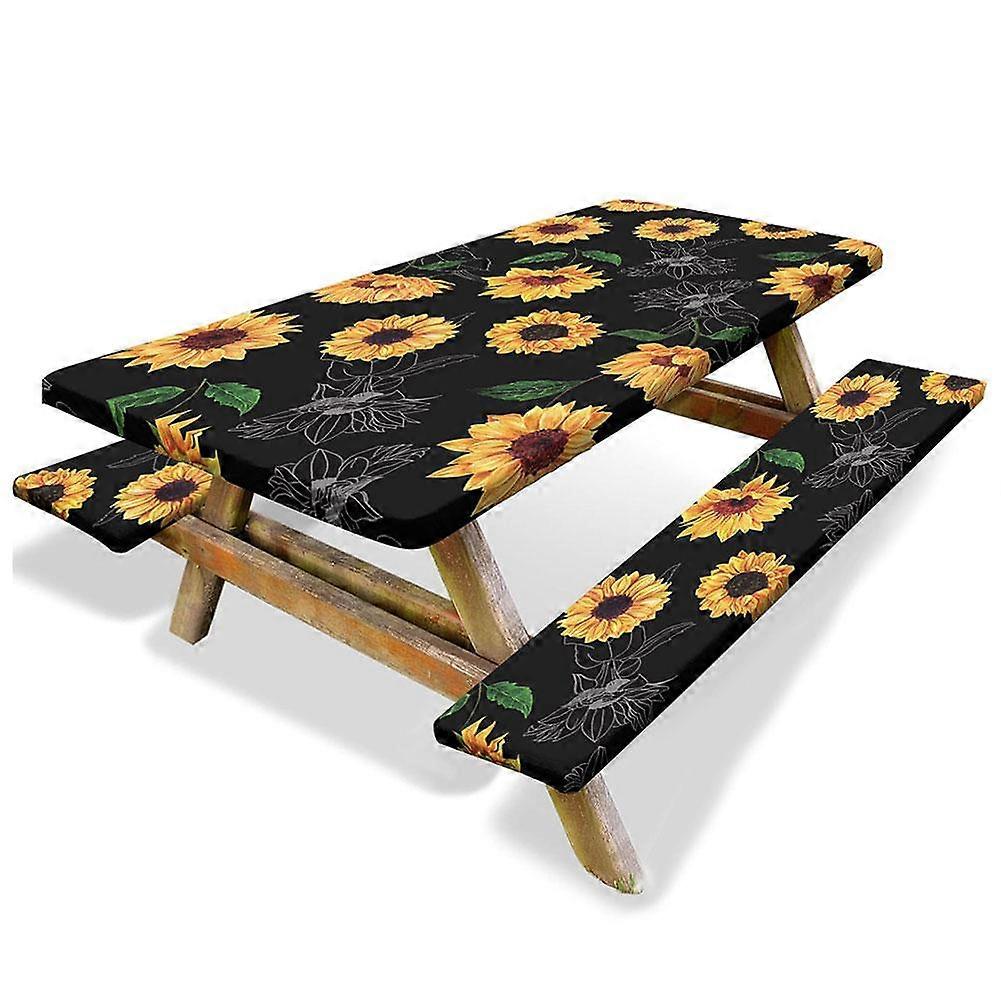Sunflower Pattern 3pcs Picnic Table & Bench Cover Set Windproof Elastic Outdoor