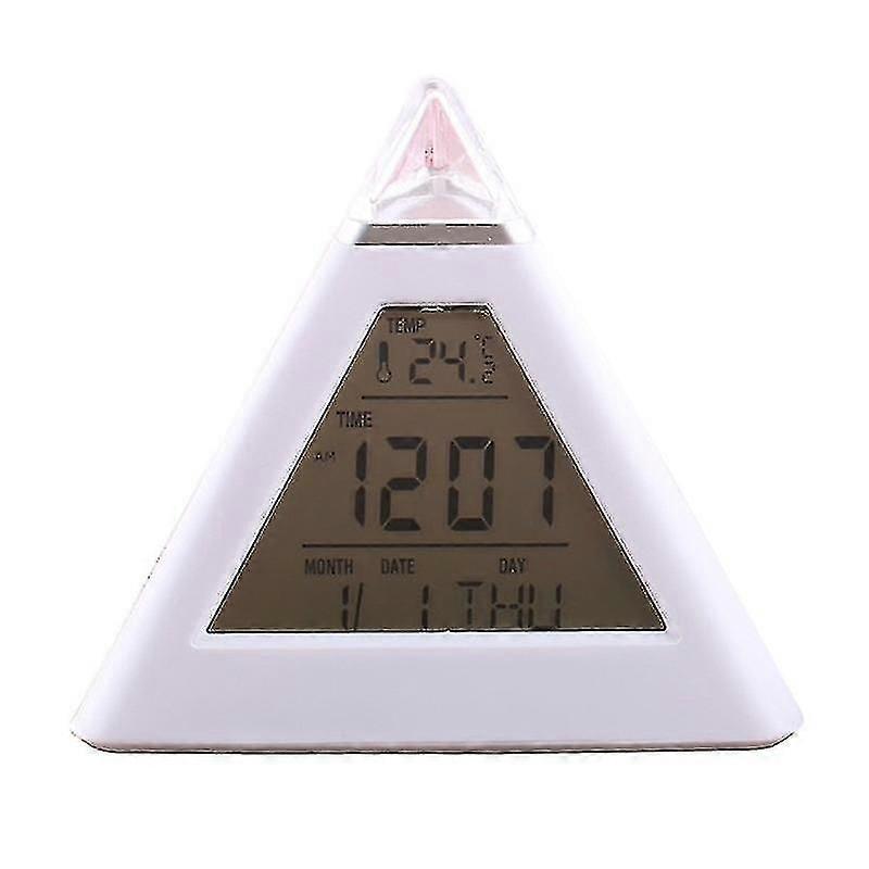 Digital Led Alarm Clock 7 Colors Changing Night Light Time Temperature Display Pyramid Shape Desk Clock