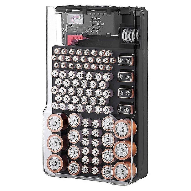 バッテリー収納ケース、ヒンジ付きクリアカバー付きオーガナイザー、バッテリーテスター付き、様々なサイズのバッテリー93個収納、ブラック
