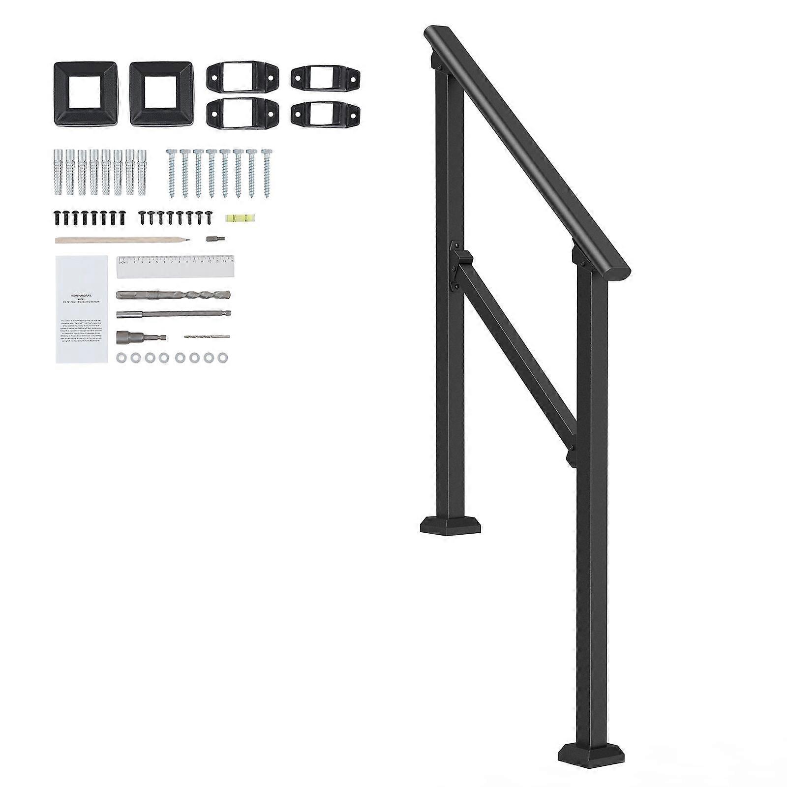 Handrails for Outdoor Steps, 2-3 Step Stair Hand Rail with Installation Kit, for Seniors, Concrete Steps & Porch & Deck, Black Square Tube